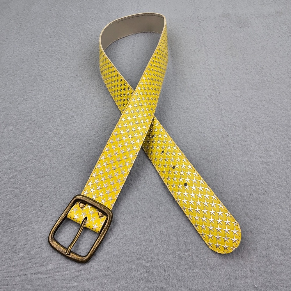 Womens 36 Yellow Leather Star Embossed Pattern Antique Pin Buckle Fashion Belt